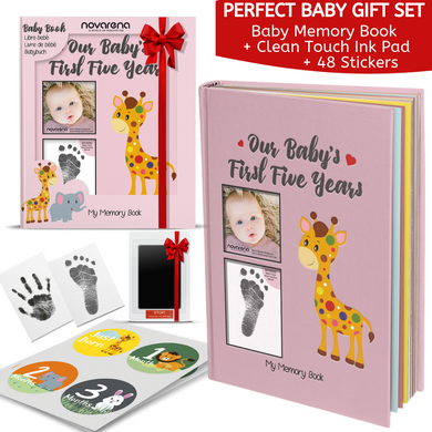 Novarena First 5 Years Baby Memory Book With 48 Pack Monthly Milestones Stickers & Clean-Touch Baby Safe Ink Pad Make Ba