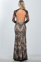 Load image into Gallery viewer, Ladies fashion black lace nude illusion open back maxi dress
