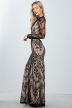 Load image into Gallery viewer, Ladies fashion black lace nude illusion open back maxi dress