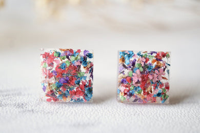 Real Pressed Flowers and Resin Square Stud Earrings in Red Mix