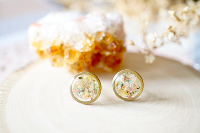 Real Pressed Flowers and Resin Stud Earrings, Raw Brass Circle in Pastel Mix