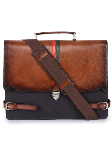 Phive Rivers Men's Leather and Canvas Charcoal and Tan Laptop Bag