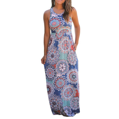 Women Sleeveless Floral Print Maxi Dress with Pockets