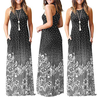 Women's Casual Floral Printed Sleeveless With Pocket Maxi Dress Long Dress