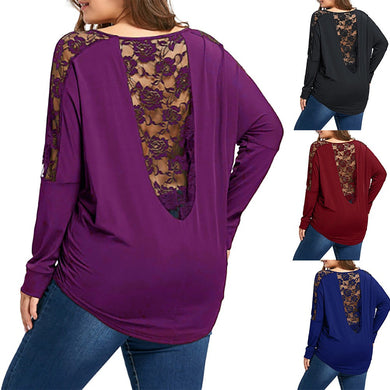 Women Casual Autumn Loose Long Sleeve Lace Patchwork Plus Size Tops Blouse