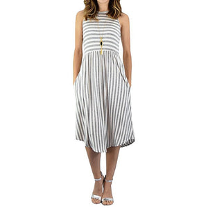 Womens Dress Striped  Sleeveless Casual Summer Beach Dresses with Pockets Dress